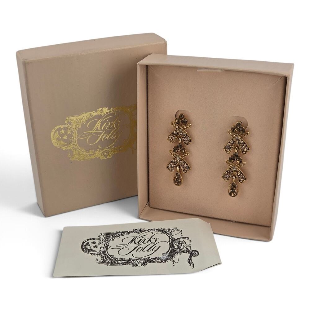 Vintage Kirks Folly Rhinestone Dangle Earrings Gold Tone Original Box 1990s